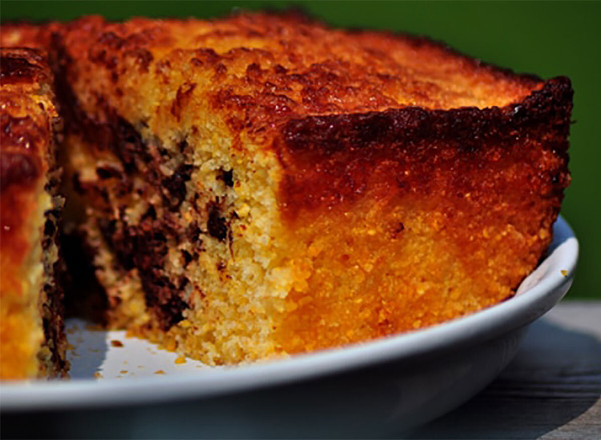 tray of cornbread with chocolate