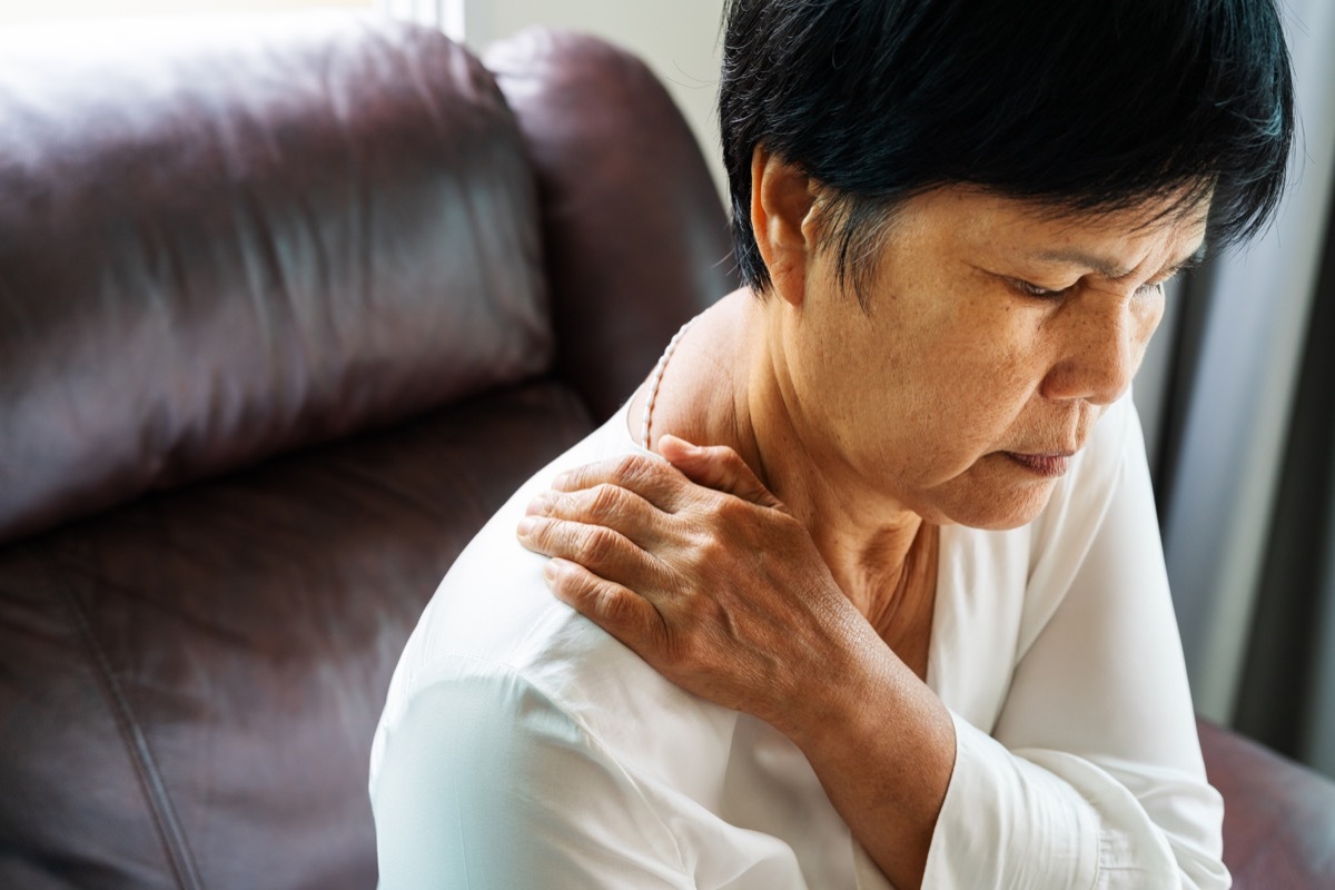 neck and shoulder pain, old woman suffering from neck and shoulder injury, health problem concept