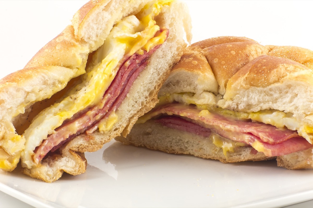 Taylor ham, pork roll, egg and cheese breakfast sandwich on a kaiser roll with salt pepper and ketchup, from New Jersey - Image