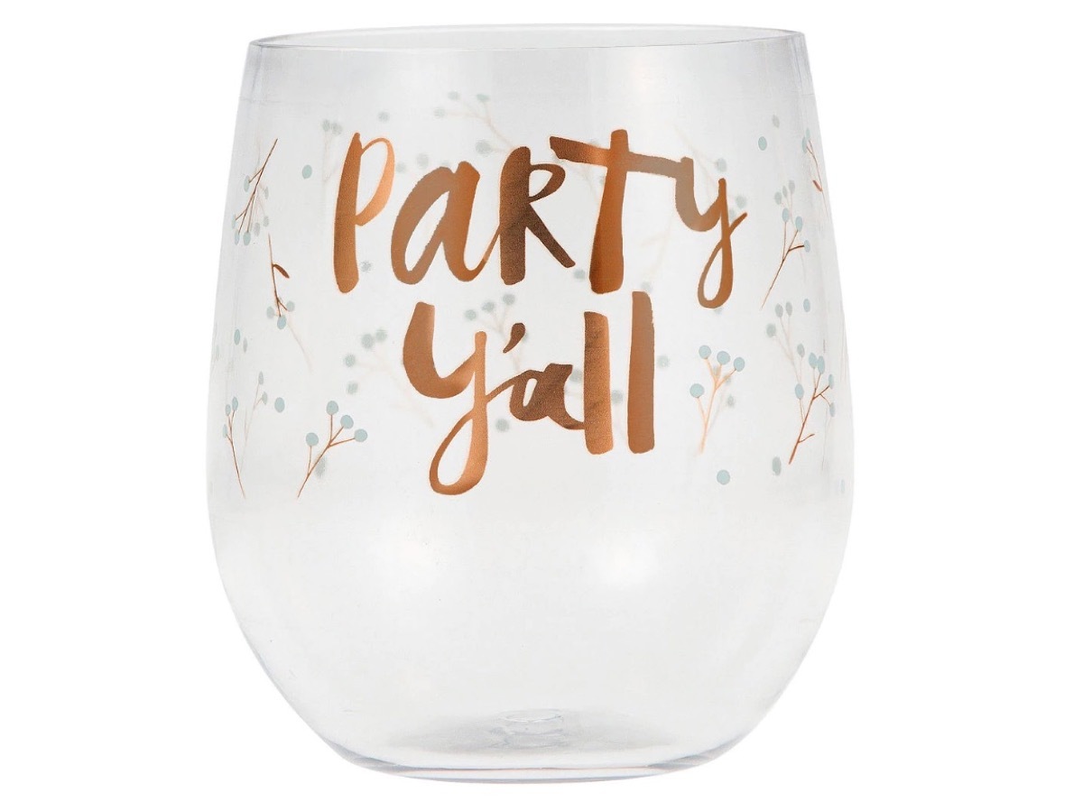 plastic stemless wine glass with gold writing, summer party essentials