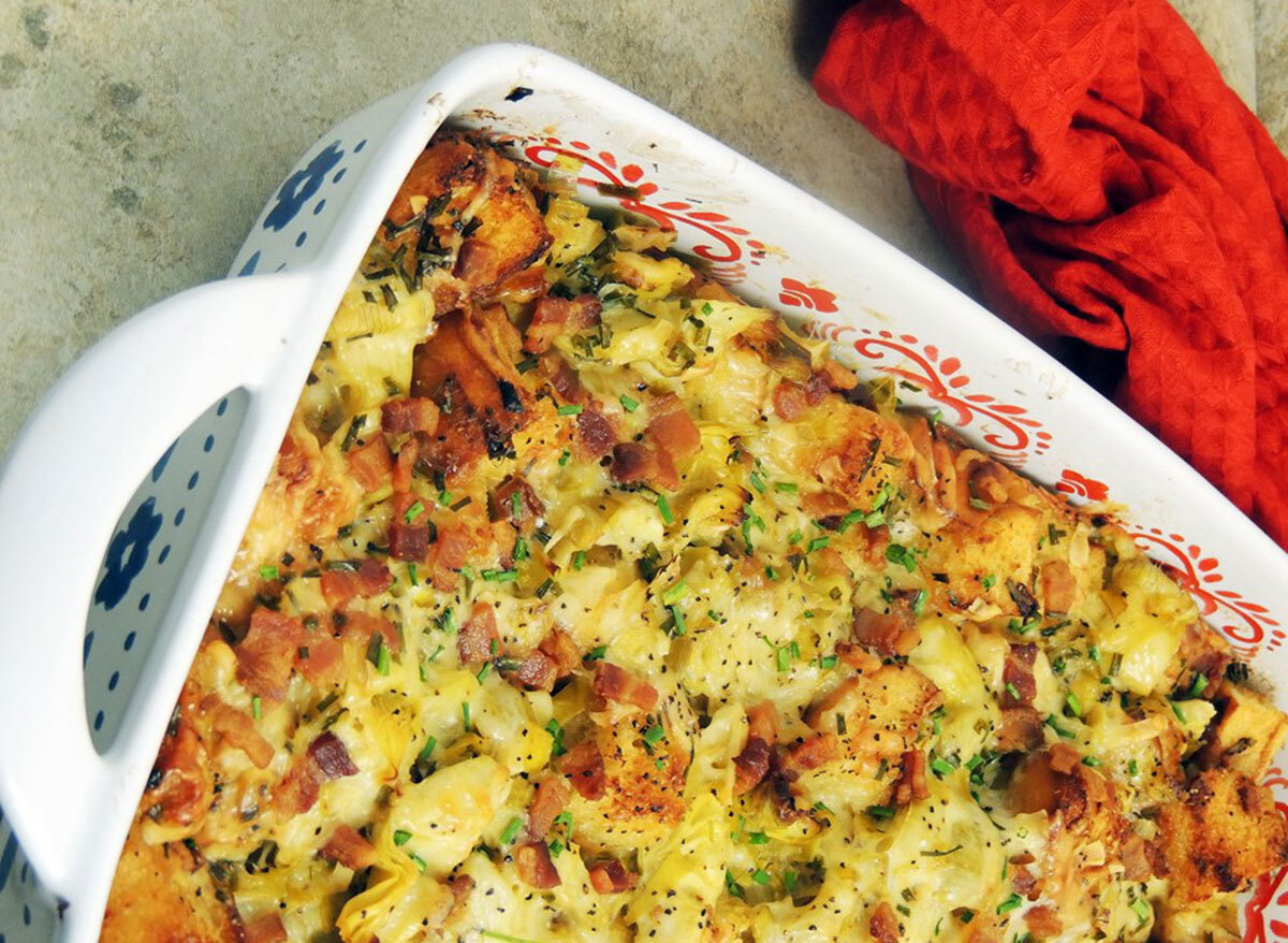 bacon leek artichoke casserole in baking dish