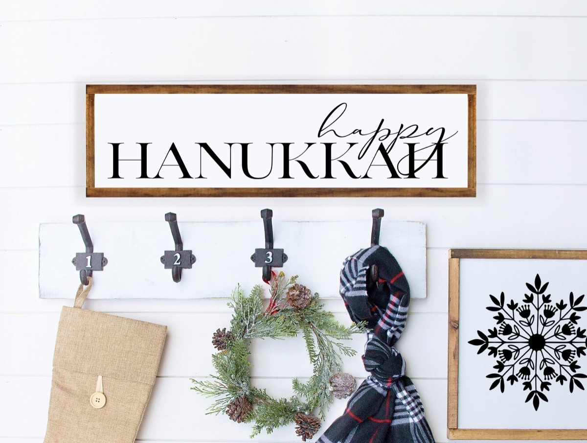 happy hanukkah wall sign in wooden frame, hanukkah decorations