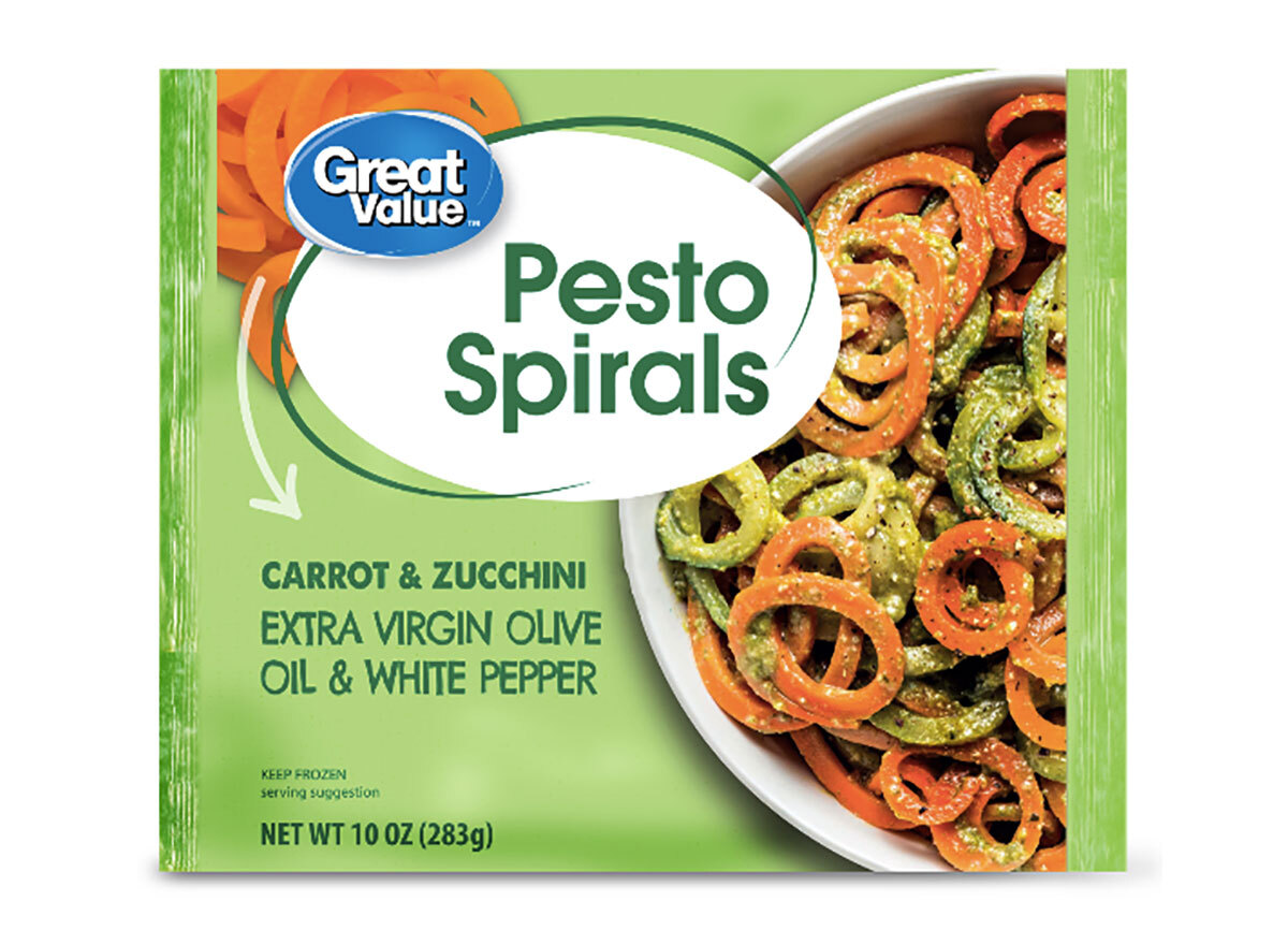 container of frozen great value pesto spirals