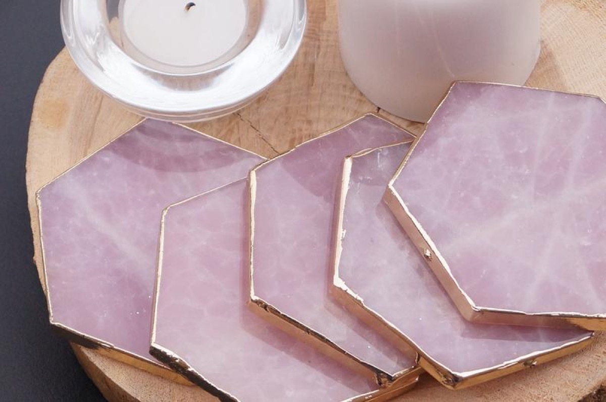 pink rose quartz hexagonal coasters