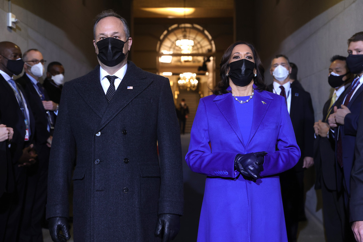 Vice President-elect Kamala Harris and husband Doug Emhoff arrive to the inauguration of U.S. President-elect Joe Biden on the West Front of the U.S. Capitol on January 20, 2021 in Washington, DC.