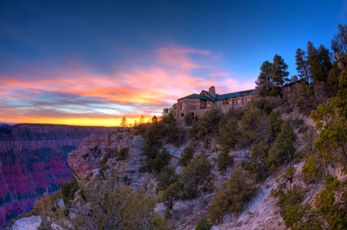 lodge overlooking the grand canyon at sunset