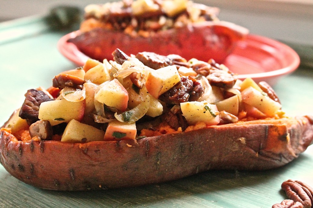 4 Vegan Bacon And Apple-Stuffed Sweet Potatoes