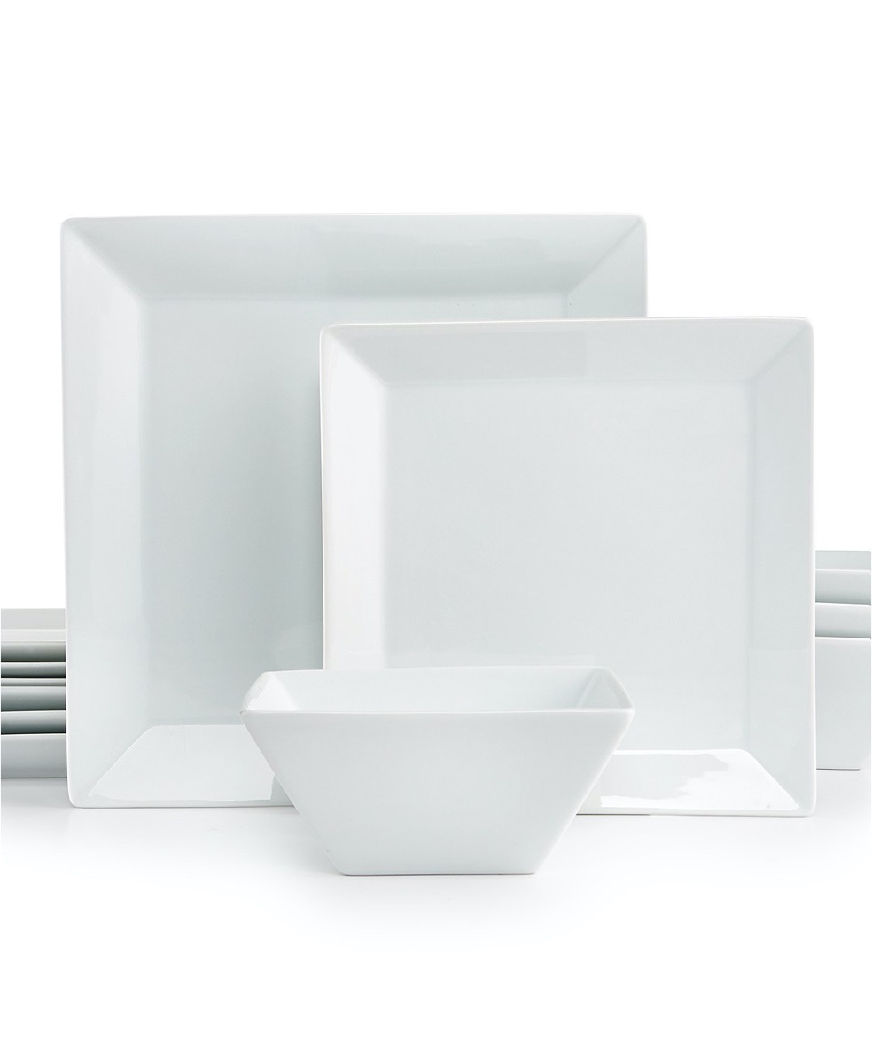 set of white square plates and bowls