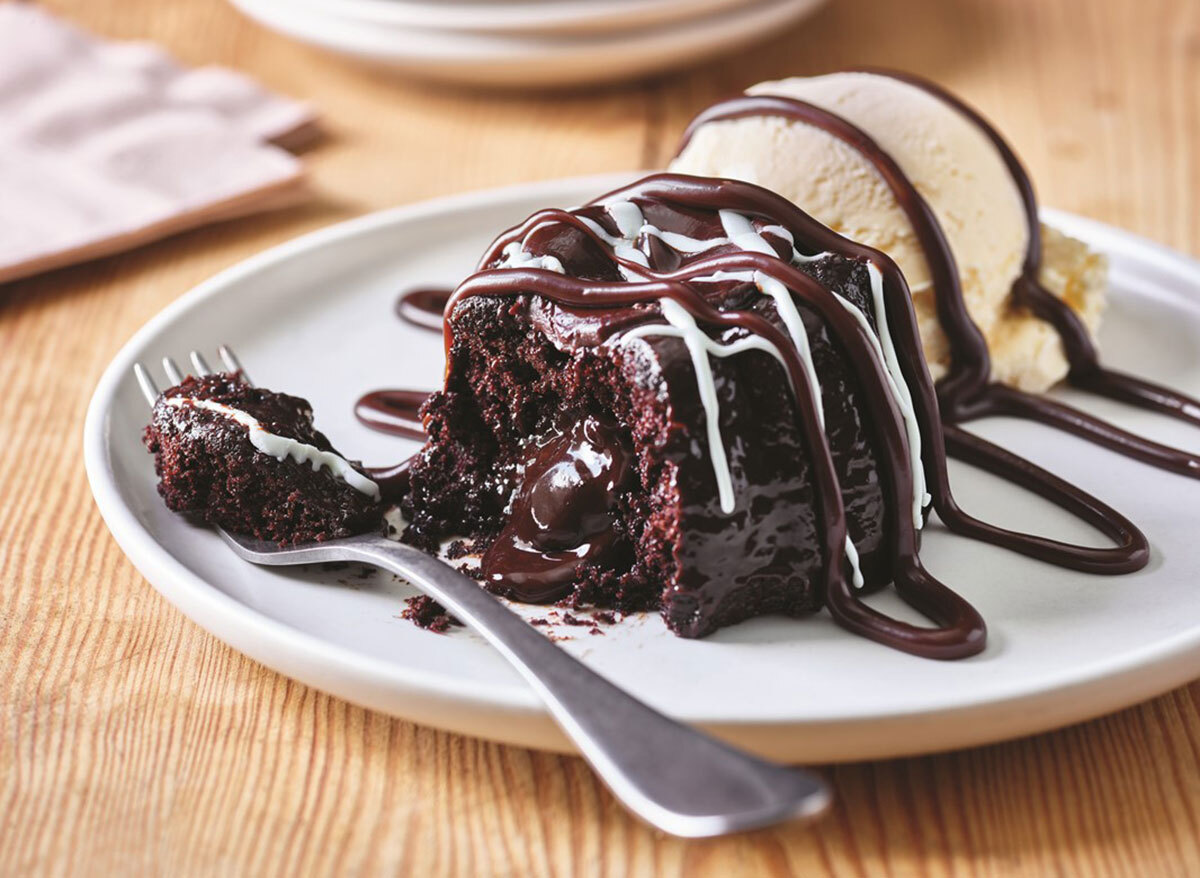 applebees triple chocolate meltdown with ice cream on white plate