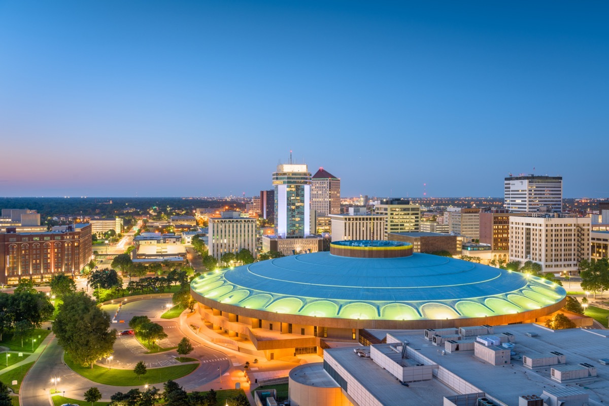 Wichita, Kansas, USA downtown skyline at dusk.