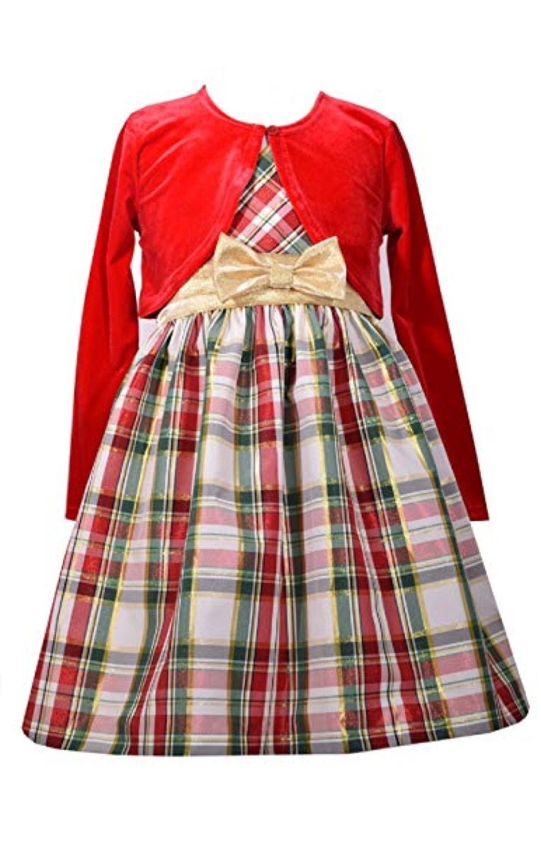 red and green plaid dress with red cardigan