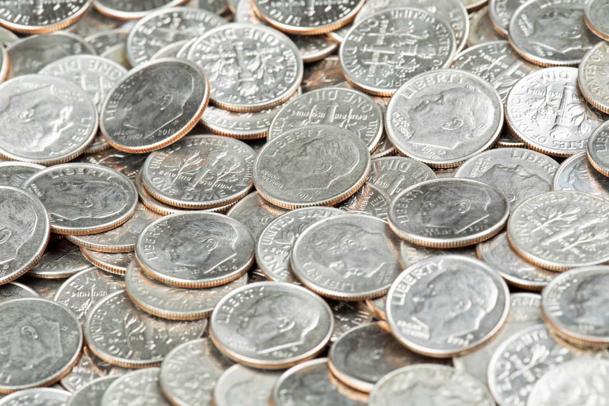 A bunch of dimes coins