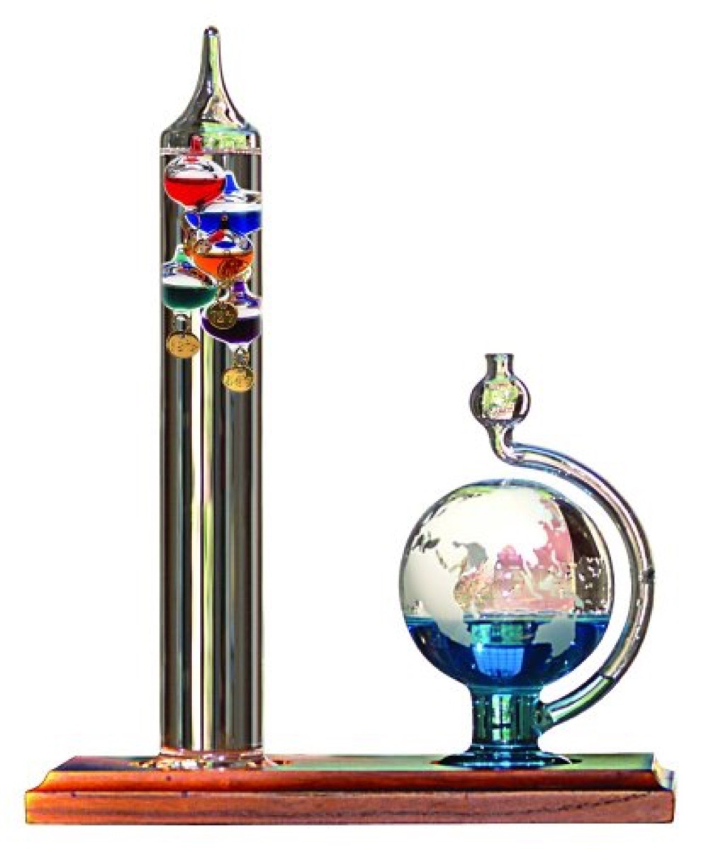 glass barometer and globe on wooden platform