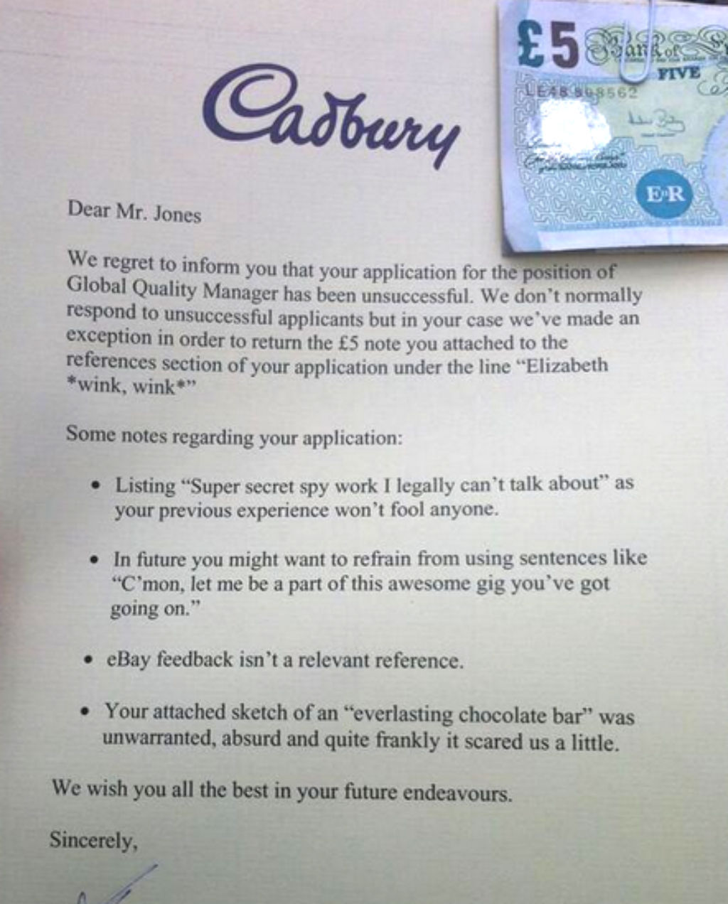 Cadbury resume bribe