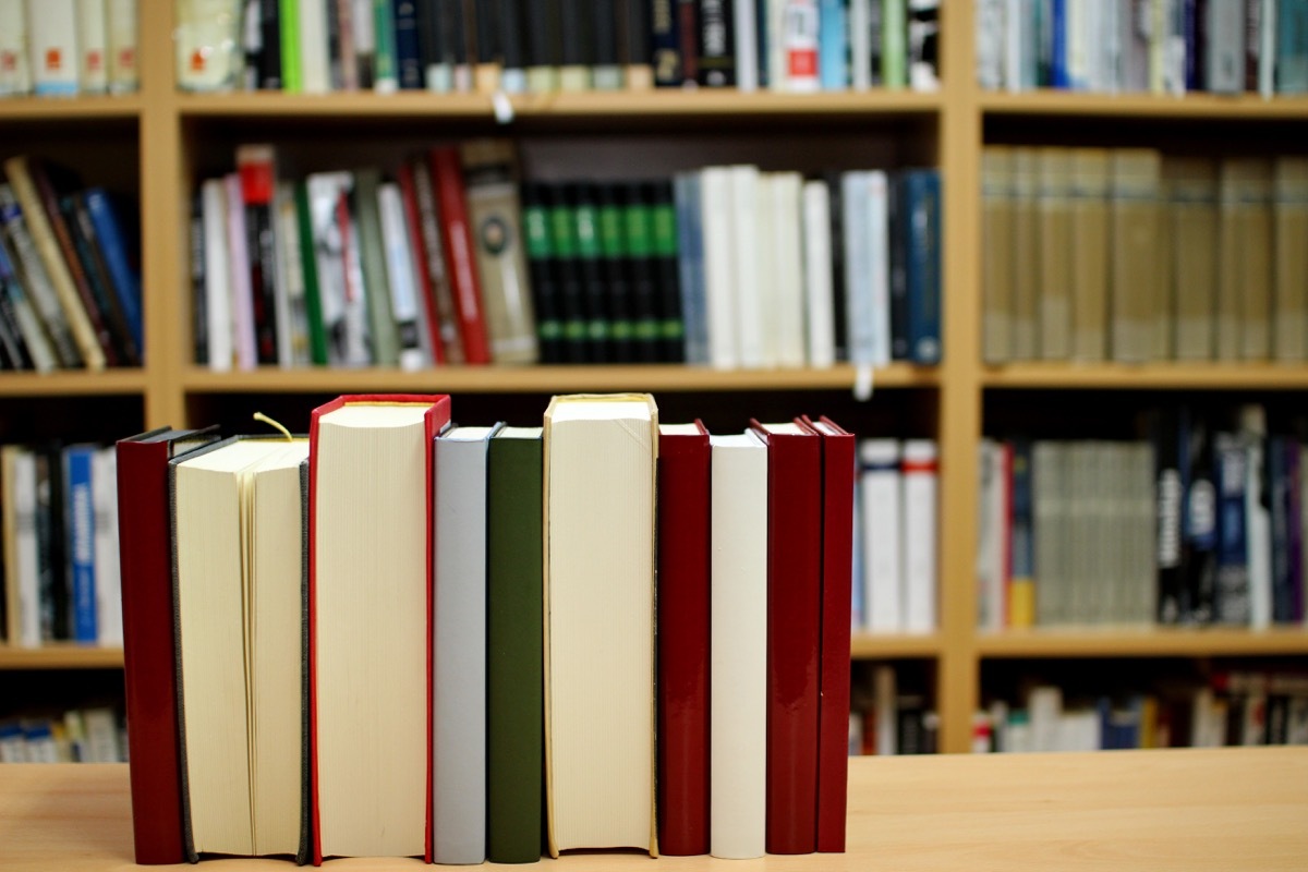 stack of books in library